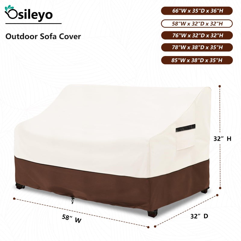 أغطية أريكة Osileyo للفناء، غطاء مقعد/مقعد خارجي مقاوم للماء بنسبة 100%، أغطية أثاث الفناء، 58 بوصة عرض × 32 بوصة عمق × 32 بوصة ارتفاع، بيج وبني - Image 2